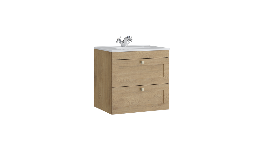 Sanctuary 600mm 2 Drawer Wall Mounted Unit with Ceramic Basin – Torro Oak - Tuskan Tiles