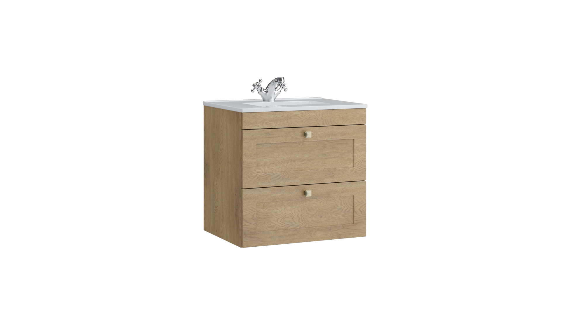 Sanctuary 600mm 2 Drawer Wall Mounted Unit with Ceramic Basin – Torro Oak - Tuskan Tiles
