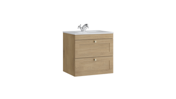 Sanctuary 600mm 2 Drawer Wall Mounted Unit with Ceramic Basin – Torro Oak - Tuskan Tiles