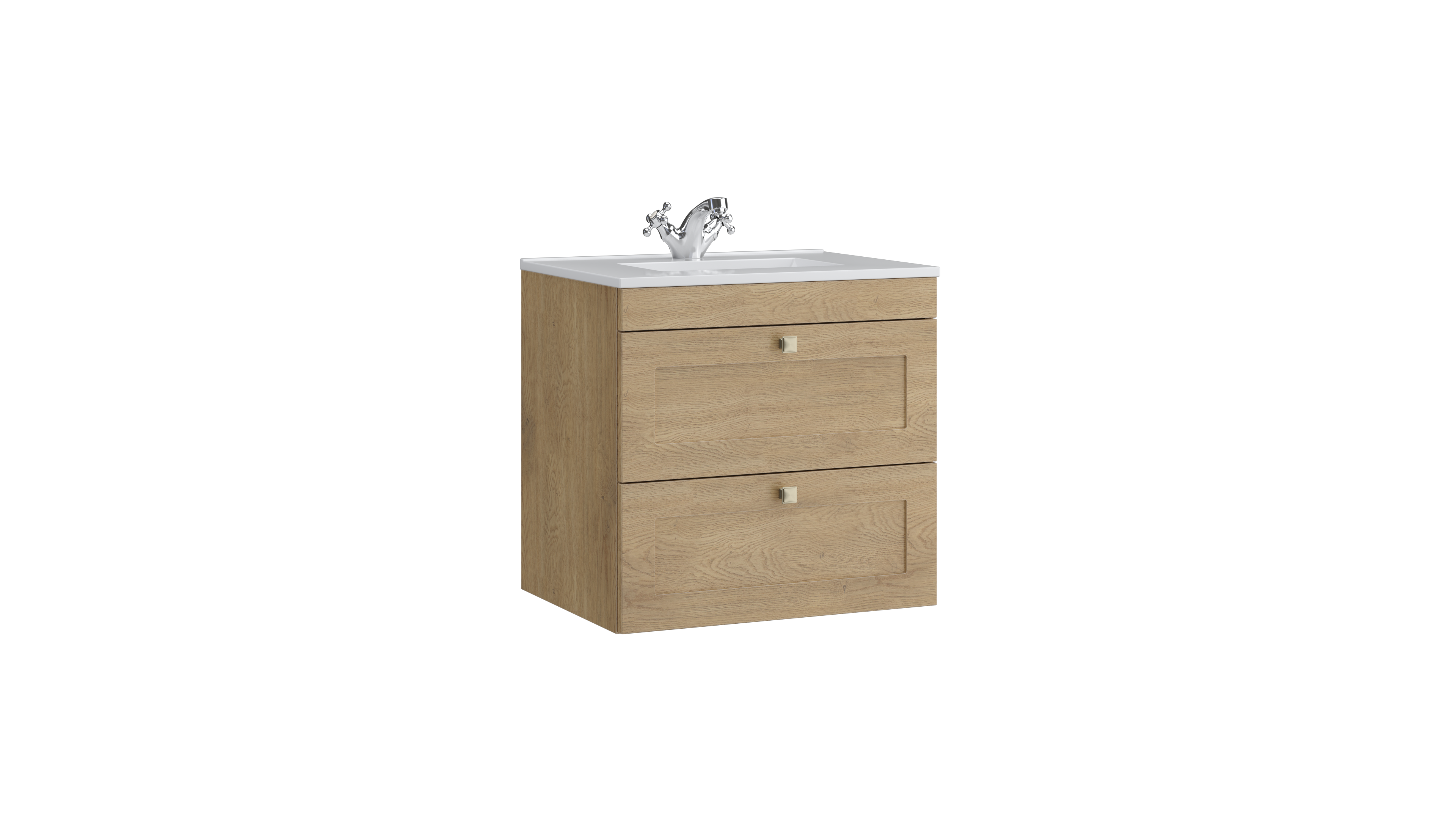Sanctuary 600mm 2 Drawer Wall Mounted Unit with Ceramic Basin – Torro Oak - Tuskan Tiles