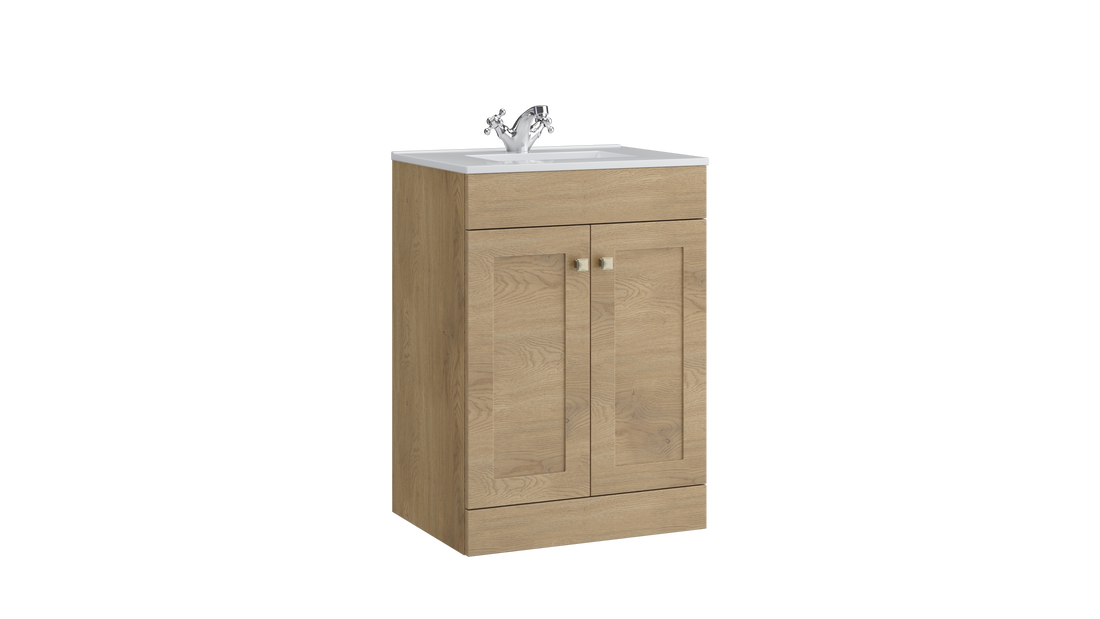 Sanctuary 600mm 2 Door Floor Standing Unit with Ceramic Basin – Torro Oak - Tuskan Tiles