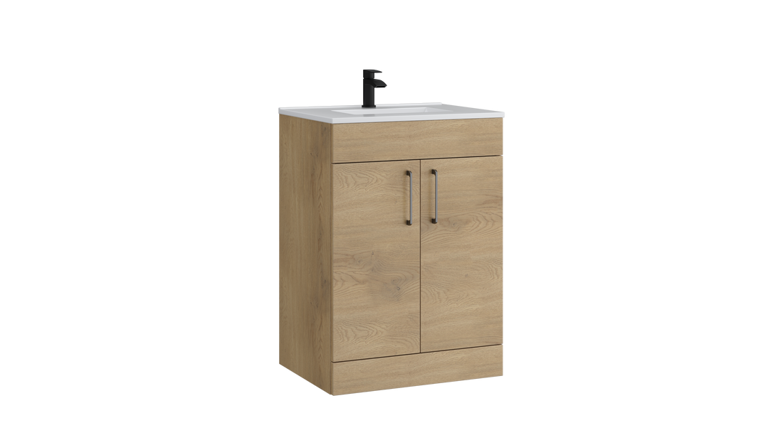 Dove 600mm 2 Door Floor Standing Unit with Ceramic Basin – Torro Oak - Tuskan Tiles