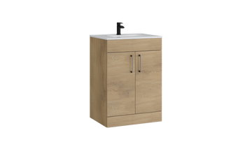 Dove 600mm 2 Door Floor Standing Unit with Ceramic Basin – Torro Oak - Tuskan Tiles