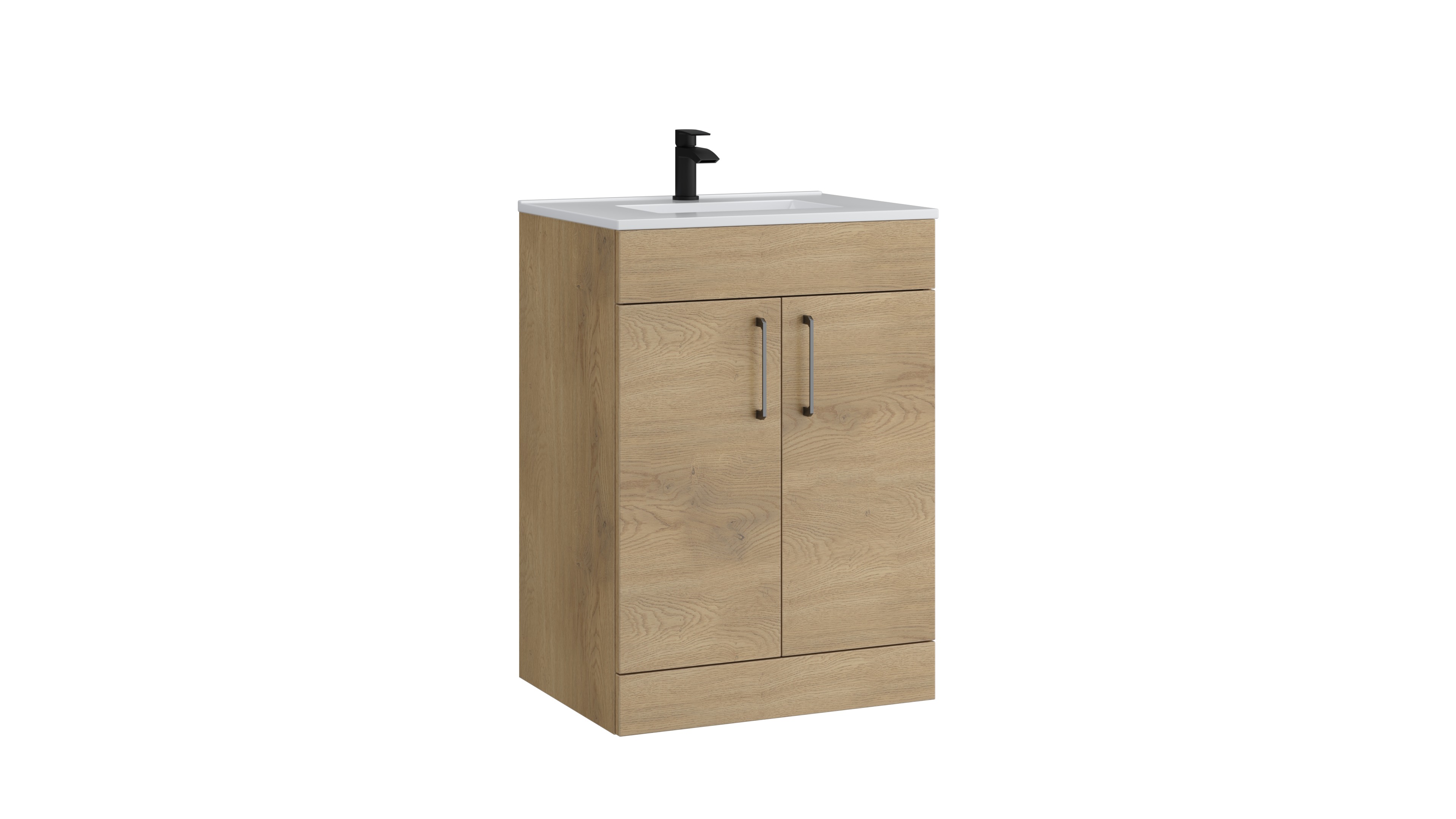 Dove 600mm 2 Door Floor Standing Unit with Ceramic Basin – Torro Oak - Tuskan Tiles