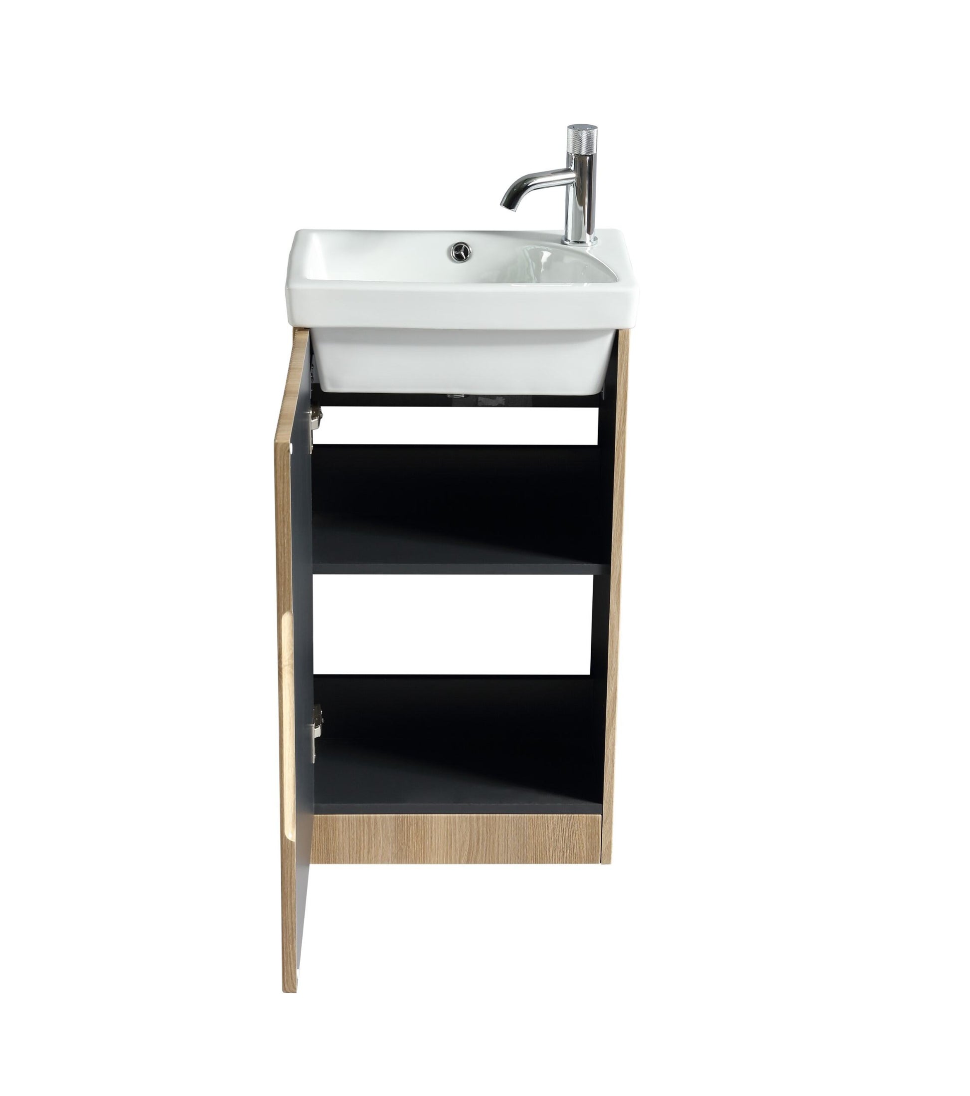 Mini 450mm Cloakroom Vanity and Basin in Country Oak finish by Tuskan Tiles, showcasing the compact wooden vanity with basin.