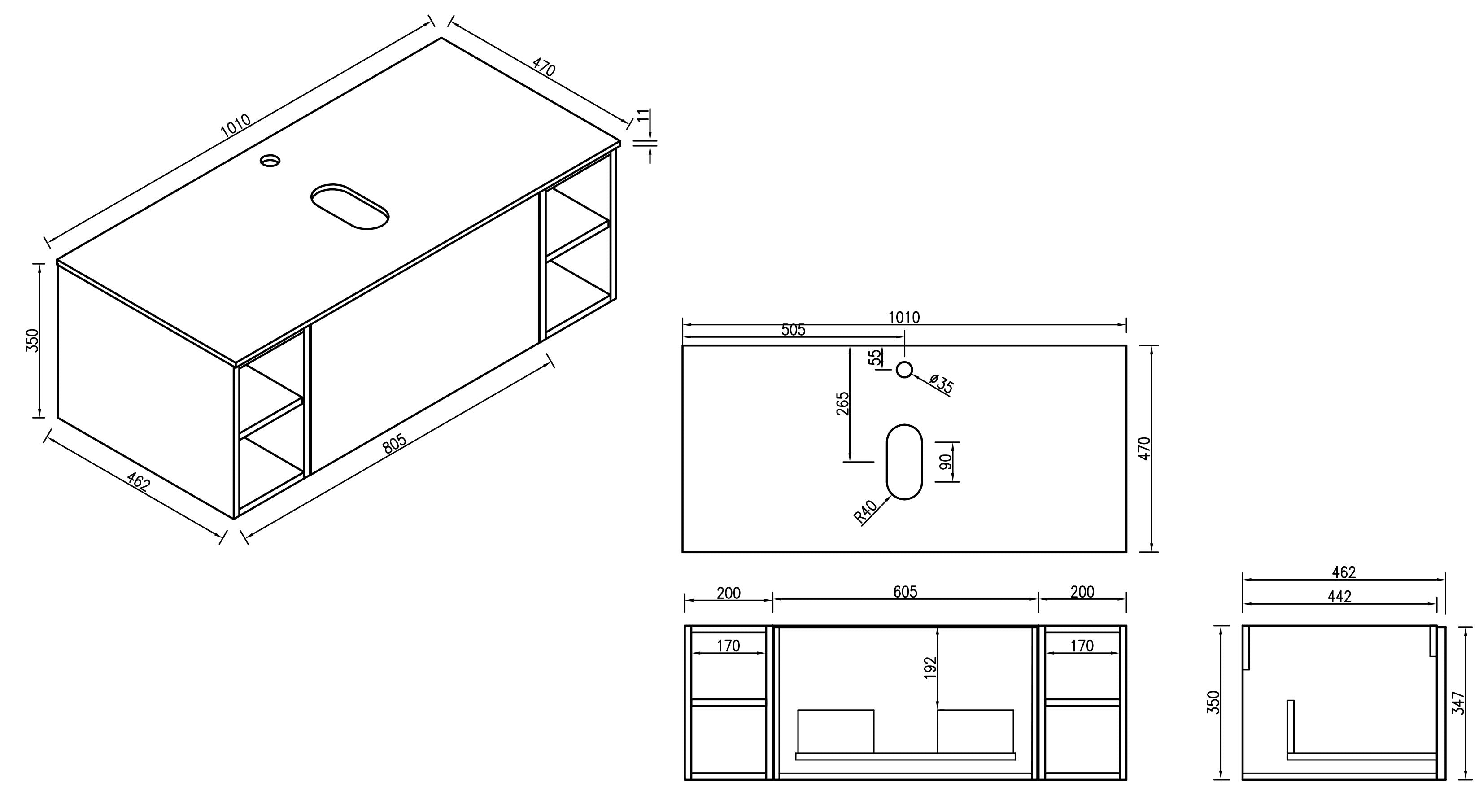 Flauto 1000mm Wall Hung Vanity w. 2 Side Storage & Sintered Stone Counter Top - Country Oak