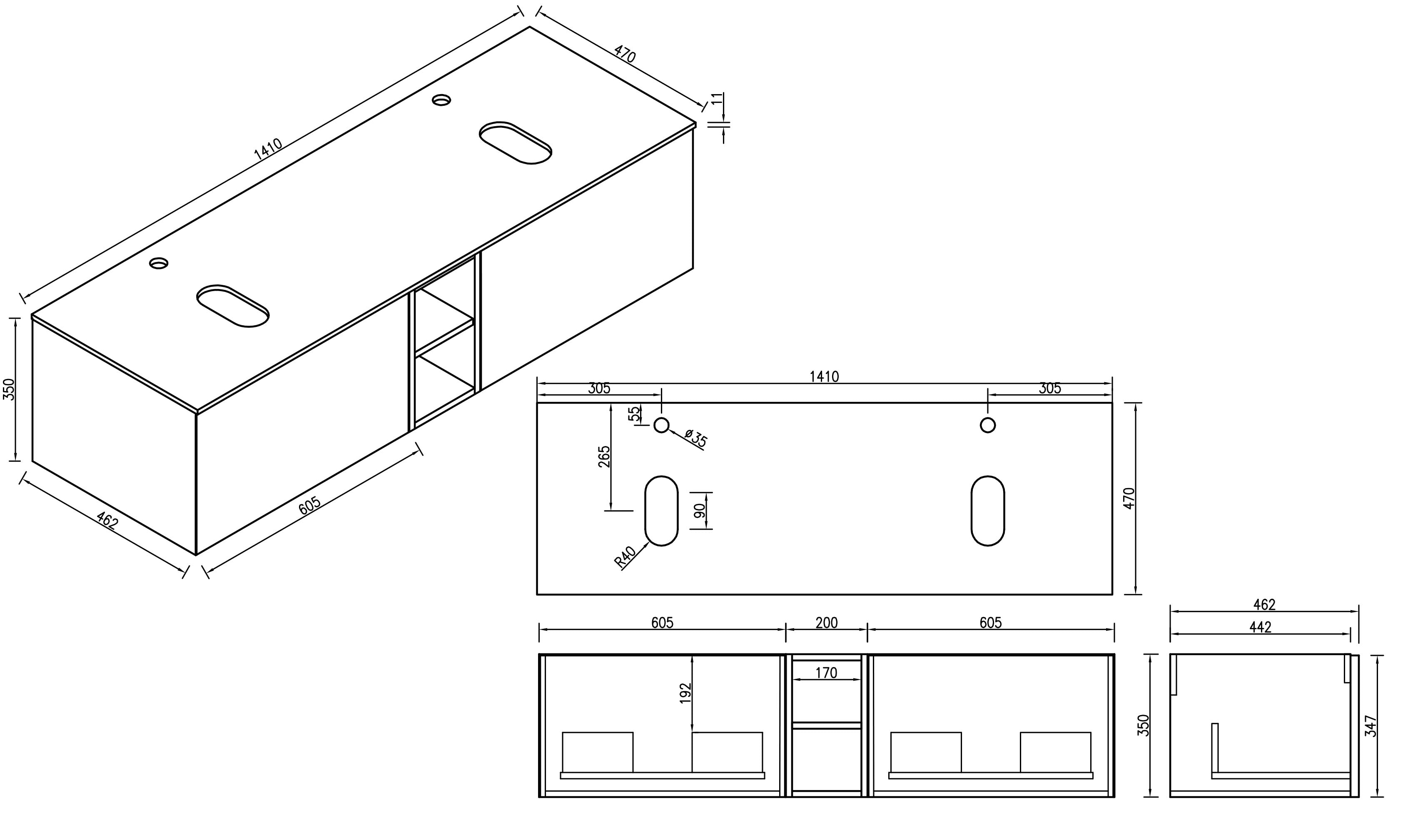 Flauto 1400mm Wall Hung Double Vanity w. Side Storage Sintered Stone Counter Top - Country Oak