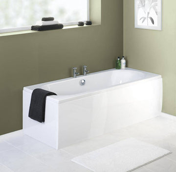 White acrylic straight bath front panel by Tuskan Tiles, designed for a sleek, modern bathroom with clean lines.