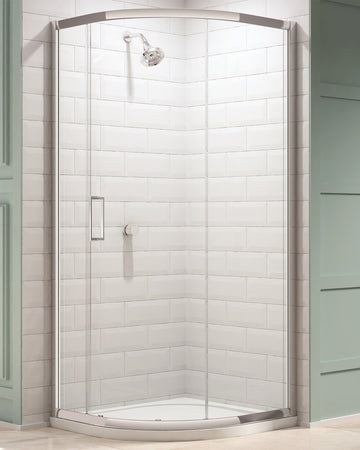 Tuskan Tiles Merlyn 8-Series sliding quadrant shower enclosure with aluminium frame, 900x900mm, shown from front perspective.