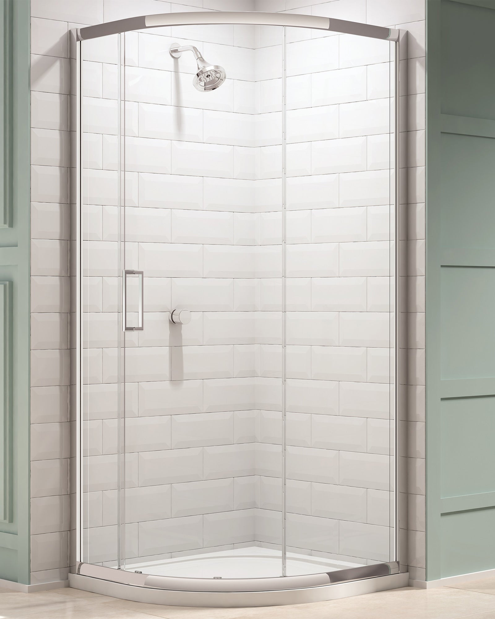 Merlyn 8-Series sliding quadrant shower enclosure with aluminium frame, 900x900mm, shown with clear glass panels.