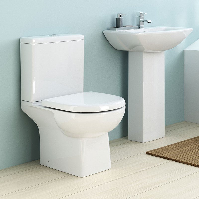 Nuie Asselby white close coupled WC pan with cistern, open back design, 410x670mm, for modern bathroom installations