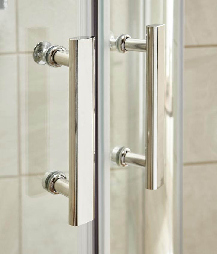 Nuie Pacific sliding quadrant shower enclosure with two polished chrome doors, reversible design, ideal for modern bathrooms.