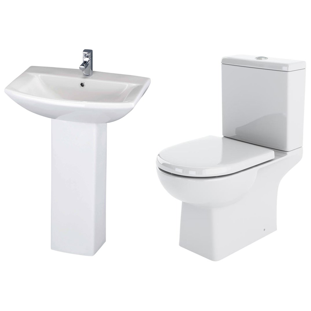 Modern Nuie Asselby white toilet and basin pack featuring sleek design and contemporary style, perfect for a stylish bathroom setup.