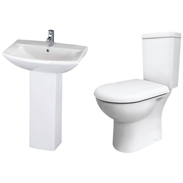 Contemporary Nuie Knedlington white basin and toilet pack with sleek design, installed in a modern bathroom setting.