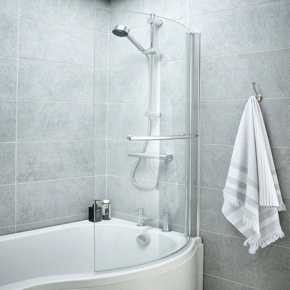 Nuie Pivot Frameless Curved Bath Screen - Chrome Aluminium Profile - 720 x 1435mm