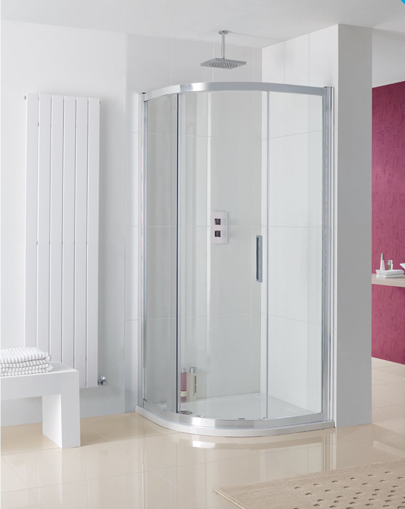 Lakes Coastline Sorong semi-frameless sliding offset quadrant shower enclosure by Tuskan Tiles, with clear glass panels and aluminum frame.