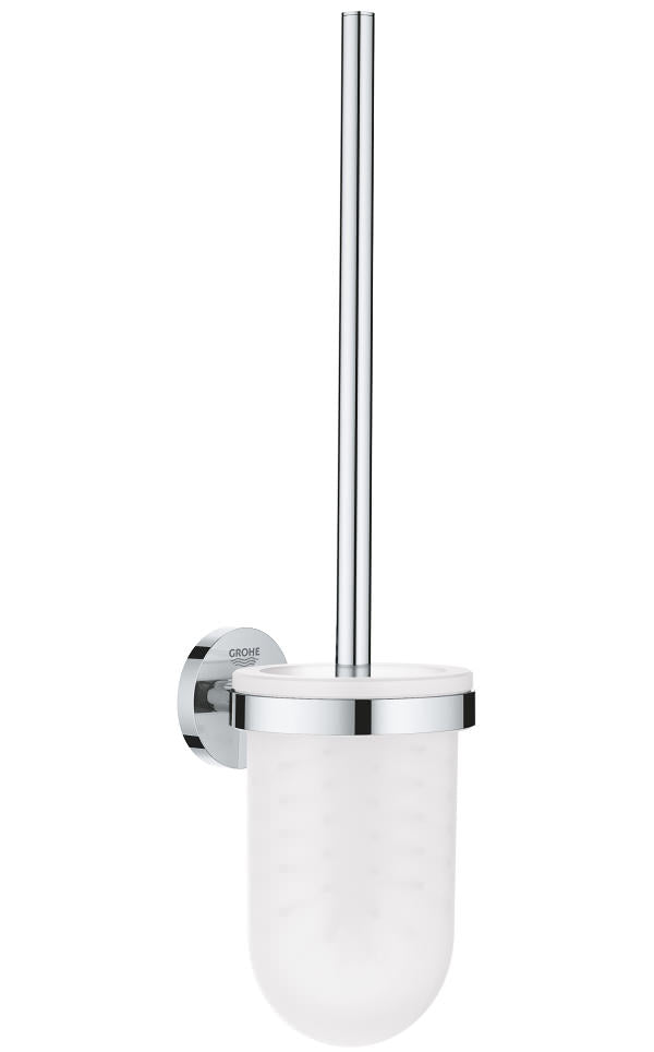 Chrome handle Grohe Essentials wall-mounted glass holder and toilet brush set with sleek design, ideal for modern bathrooms.