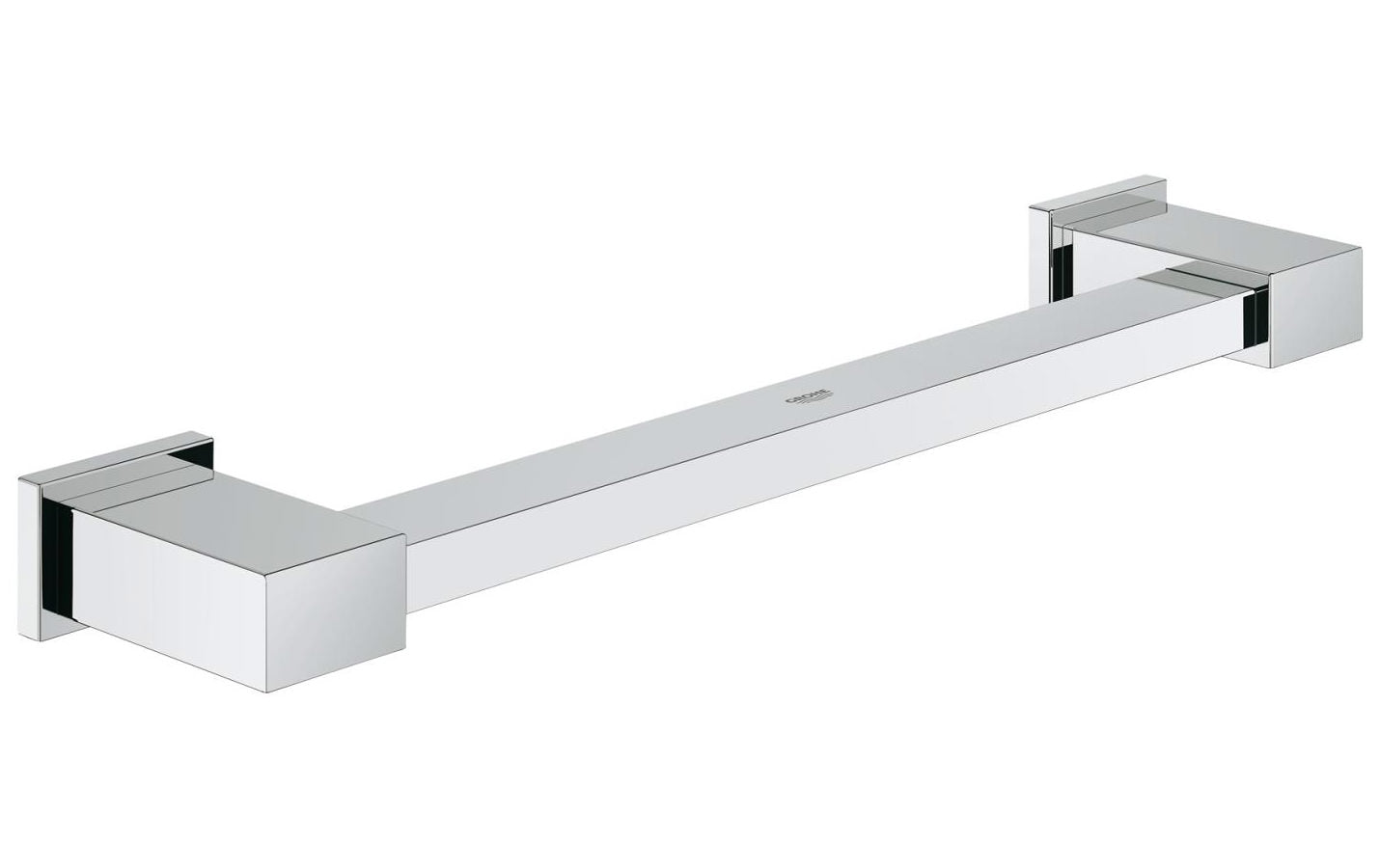 Chrome finish Grohe Essentials Cube contemporary grab bar in 340mm length and 81mm width, mounted on a bathroom wall.