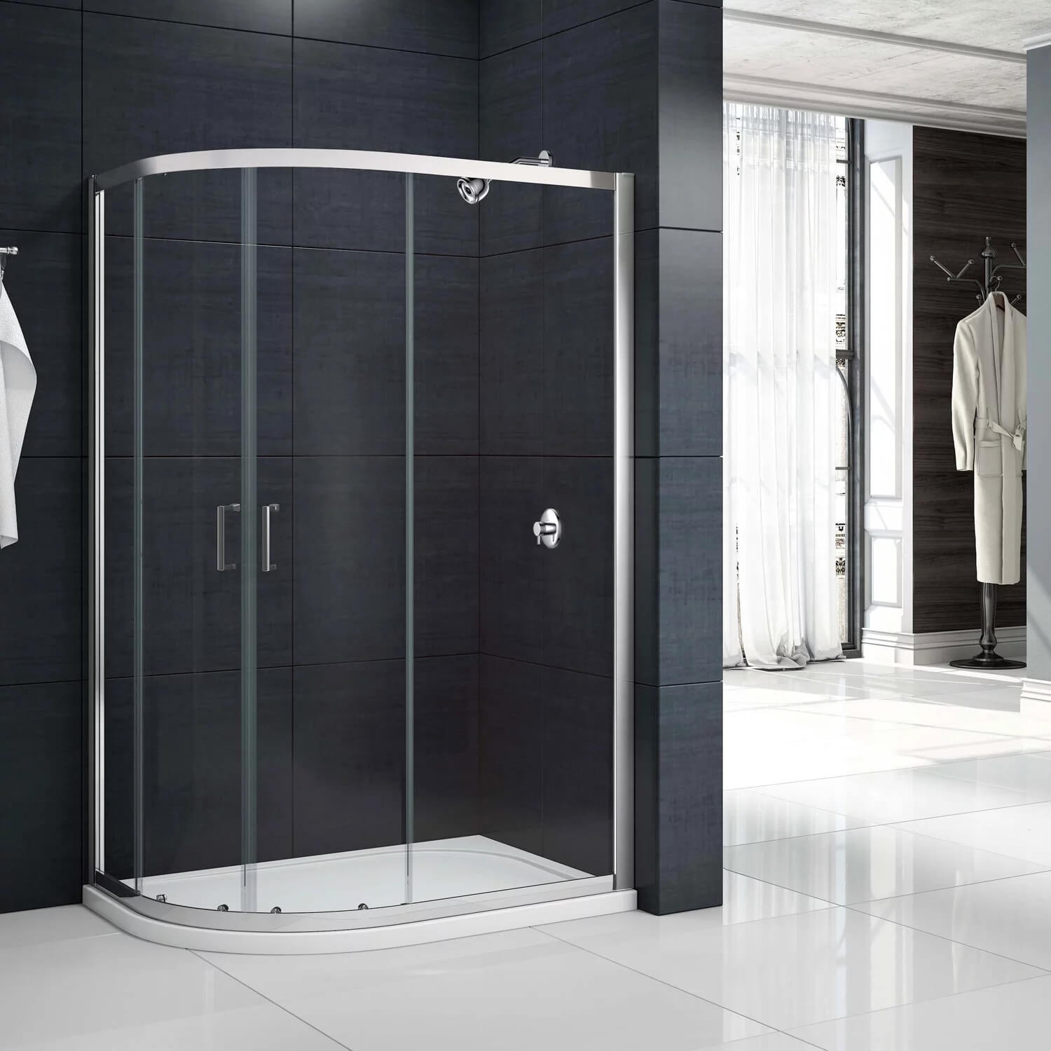 Merlyn MBOX sliding offset quadrant shower enclosure with two doors and aluminium frame, modern bathroom shower solution