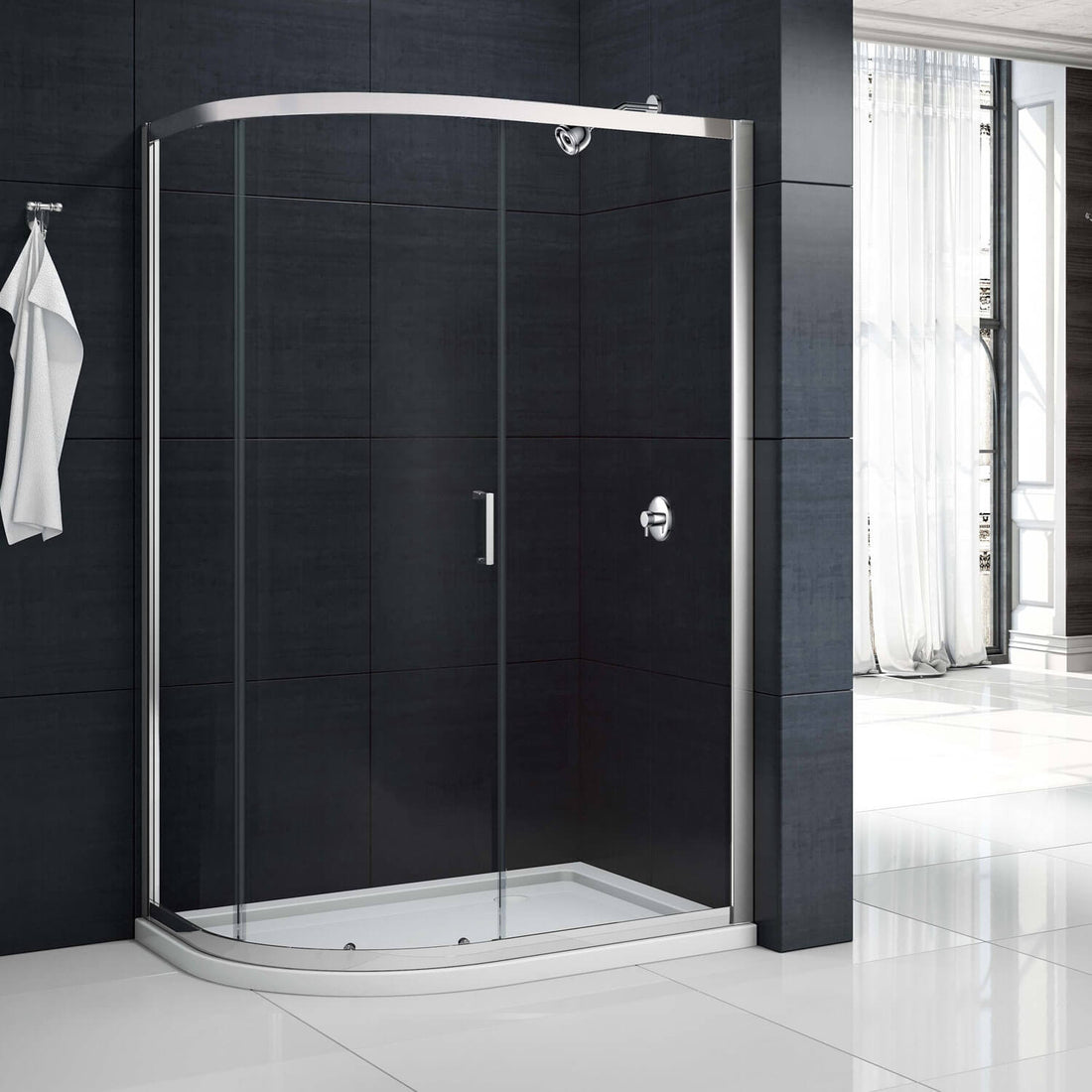 Merlyn MBOX sliding offset quadrant shower enclosure with aluminium frame, reversible design, shown in a bathroom setting.