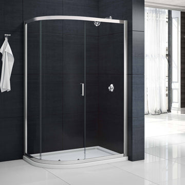 Merlyn MBOX sliding offset quadrant shower enclosure with aluminium frame, reversible design, shown in a bathroom setting.