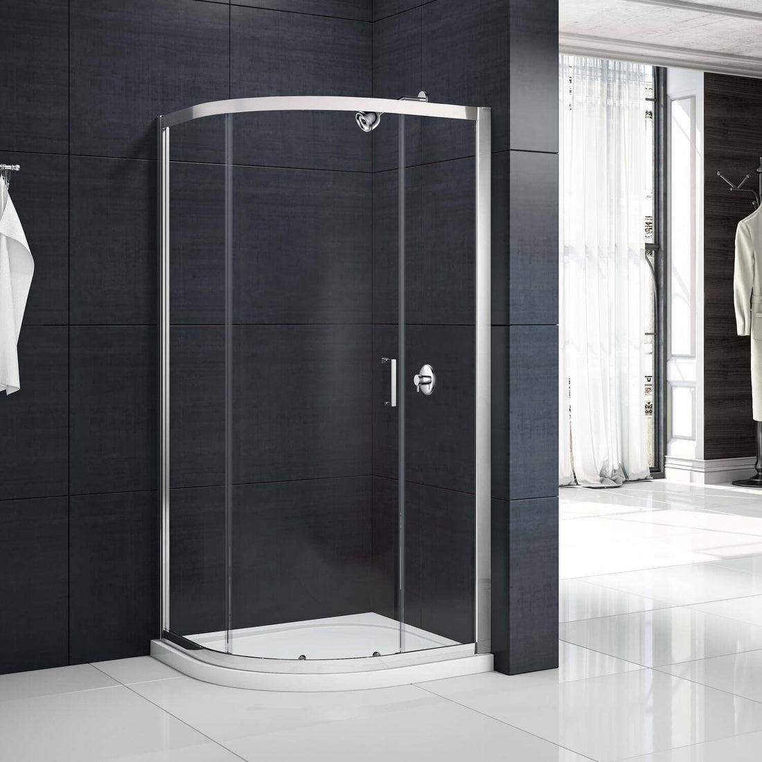 Merlyn MBOX sliding quadrant shower enclosure with aluminium frame and clear glass, reversible design.
