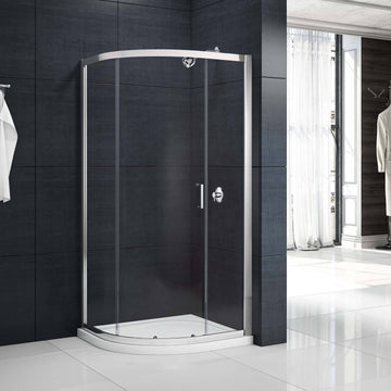Merlyn MBOX sliding quadrant shower enclosure with aluminium frame and clear glass, reversible design.