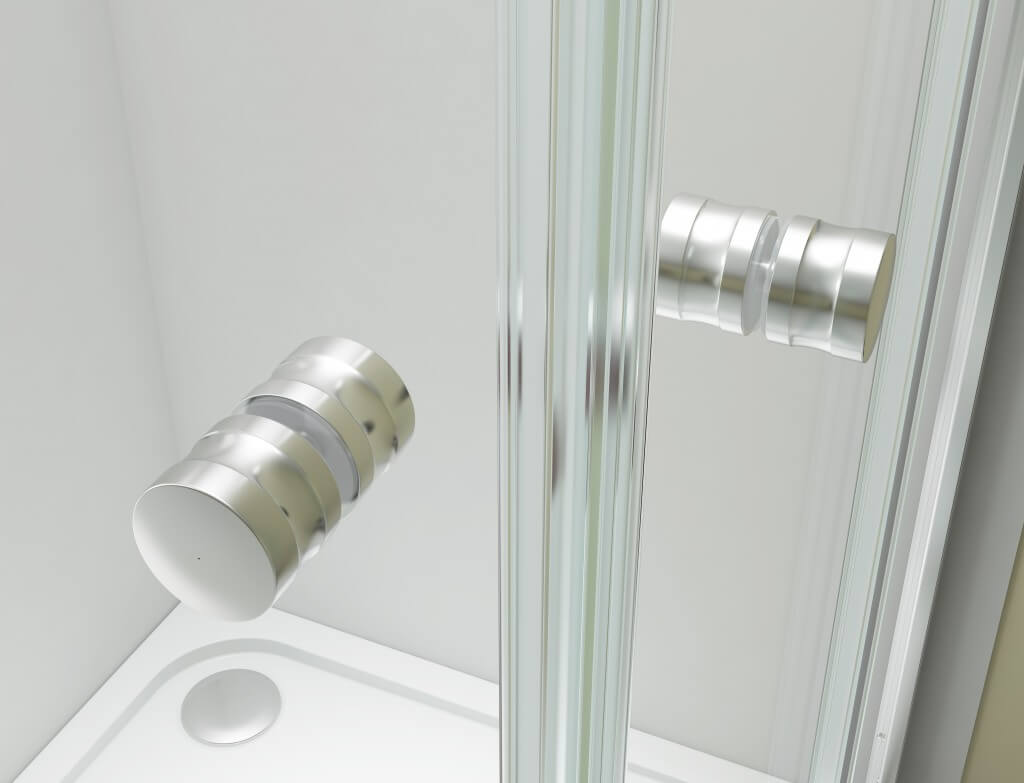 Chrome framed Merlyn Ionic Source pivot shower door with magnetic seals, showcasing sleek design and durable construction.