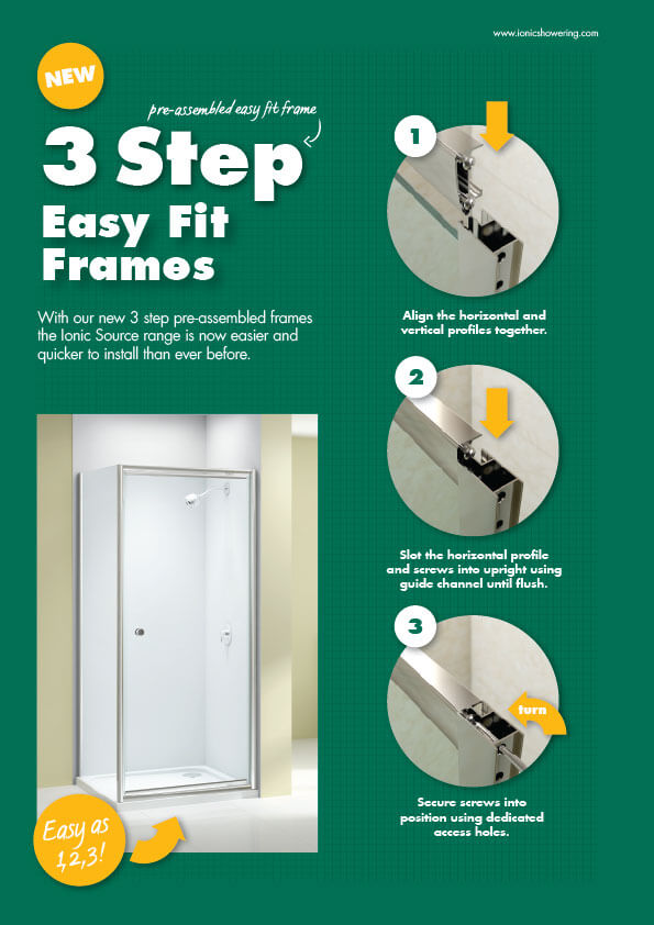 Chrome framed Merlyn Ionic Source pivot shower door with magnetic seals, featuring sleek glass and modern design.