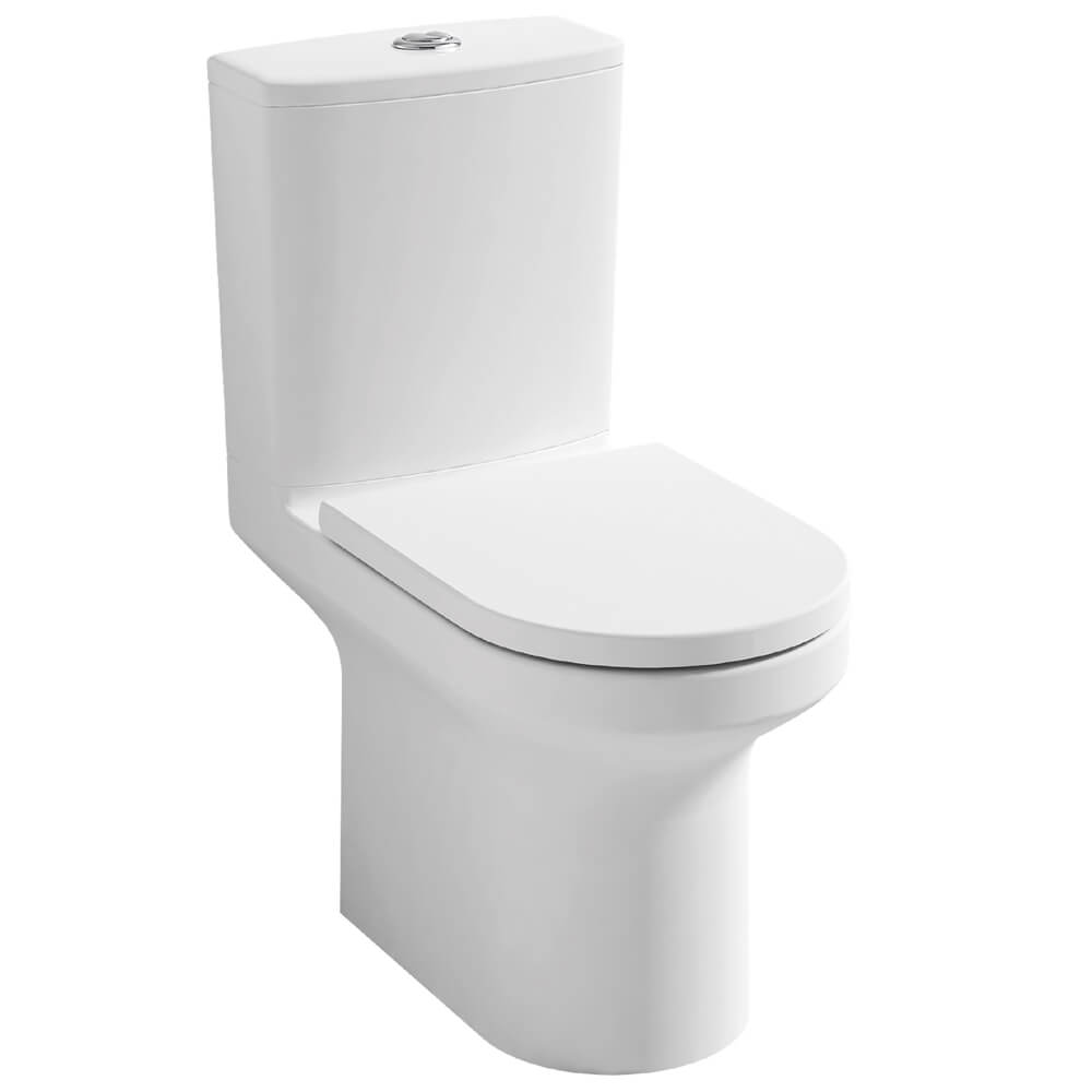 Close coupled rimless WC pan with cistern and soft close seat, 360x650mm, by Tuskan Tiles, shown in a modern bathroom setting.