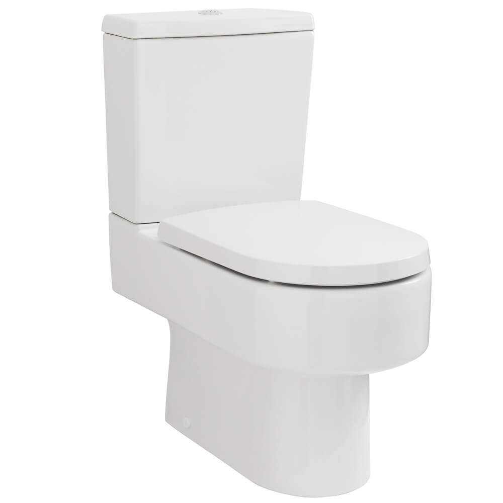 Nuie Ambrose white close coupled toilet with cistern, semi-flush to wall, shown in bathroom setting with sleek design.