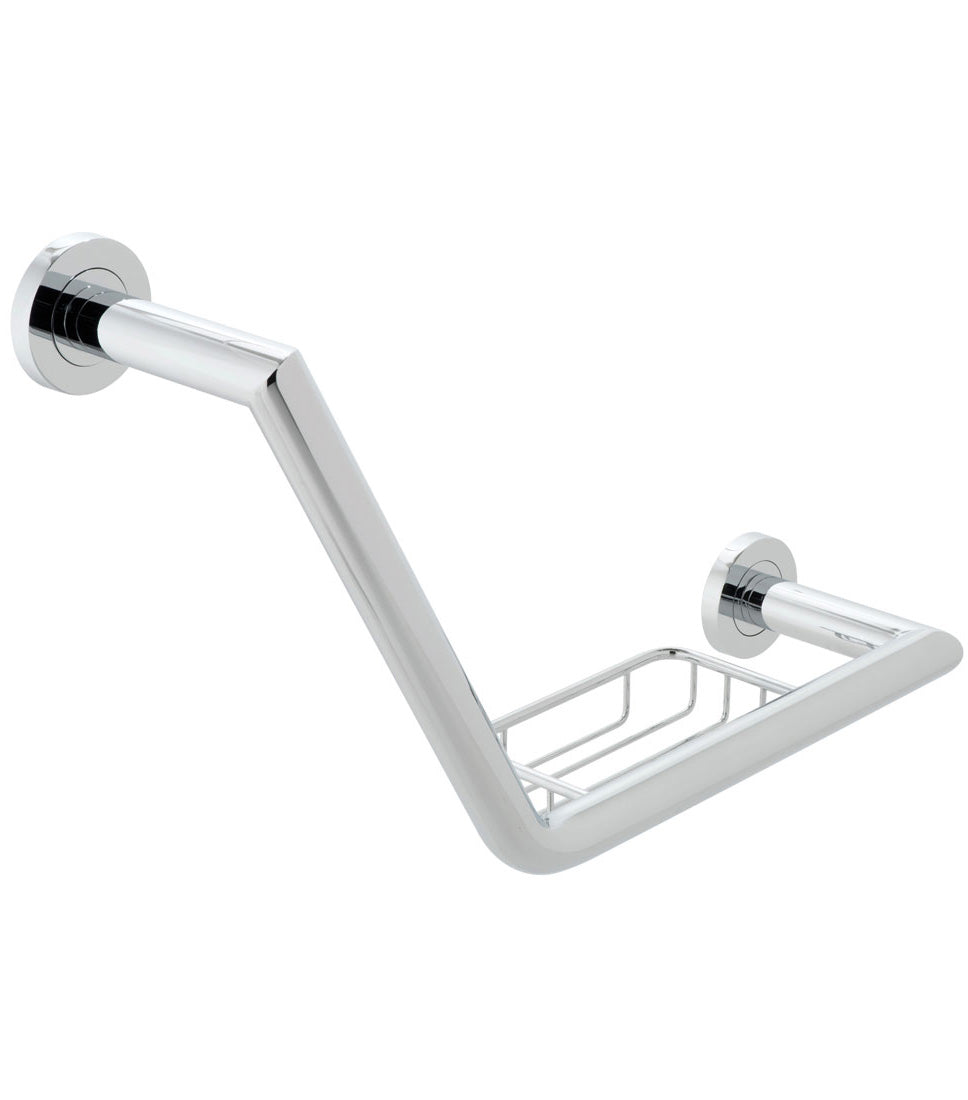 Chrome angled grab rail with integrated basket, Tuskan Tiles Vado Spa model, measuring 456.5 x 288mm, mounted on a bathroom wall