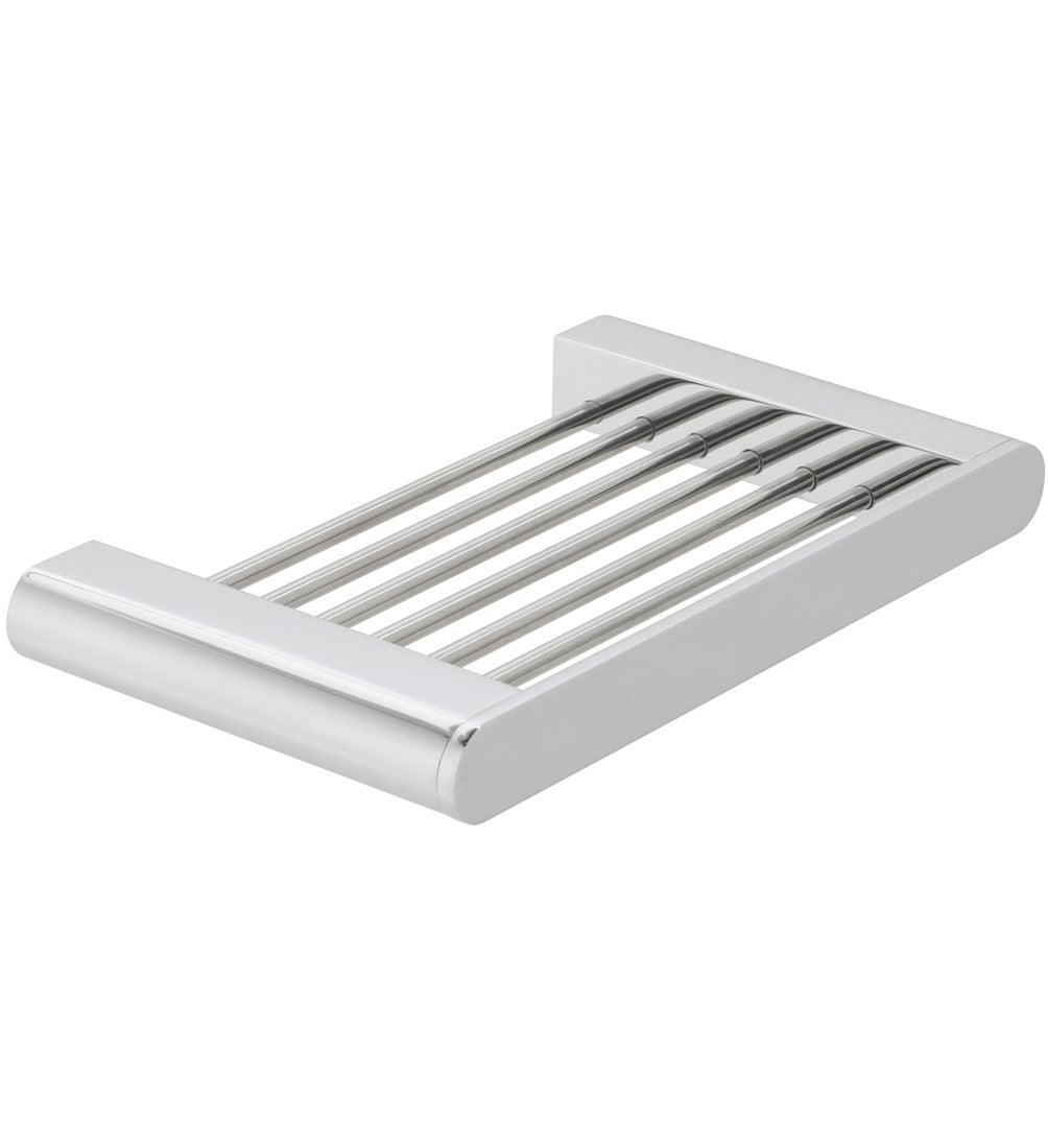 Chrome Vado Photon wall-mounted drain with slatted bars and soap tray, measuring 190x109mm, in a modern bathroom setting.