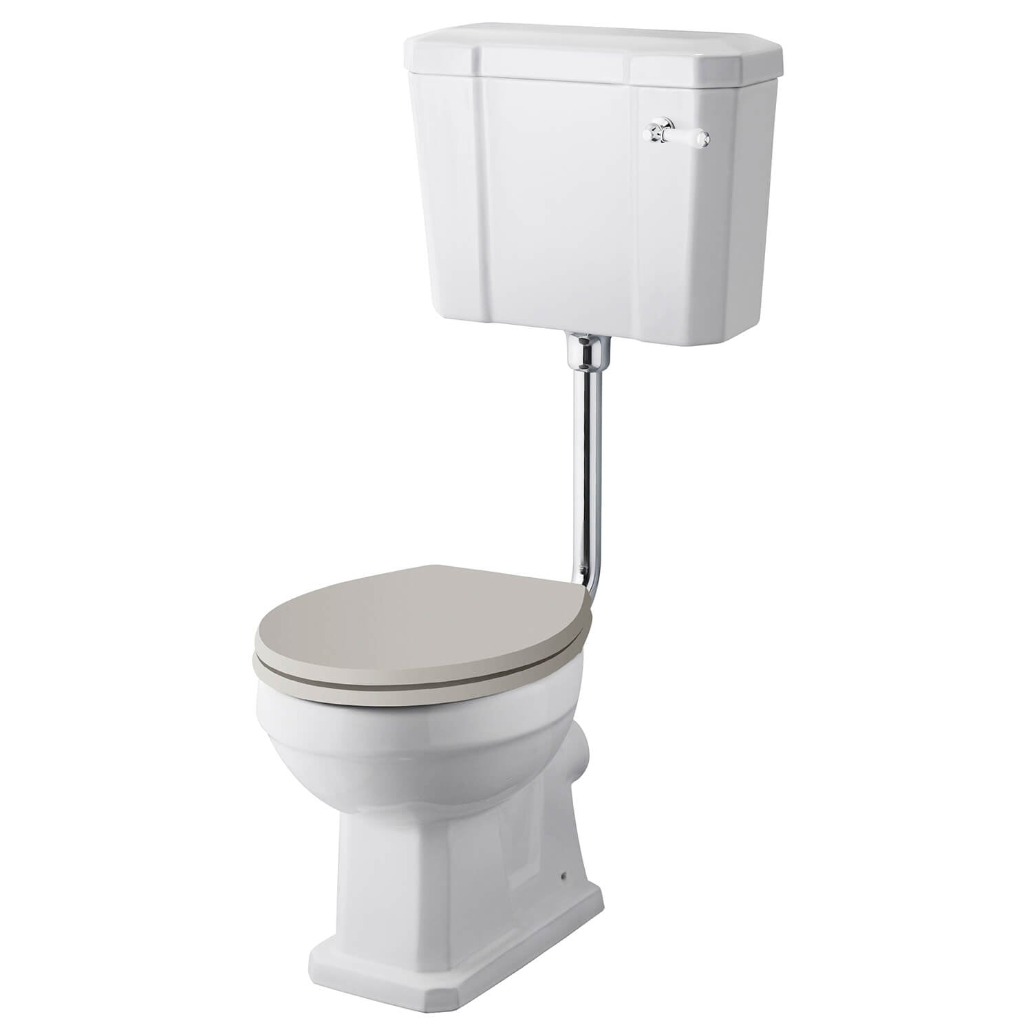 Traditional low level WC pan with cistern and flush pipe kit, open back design, by Hudson Reed Richmond for bathroom plumbing.
