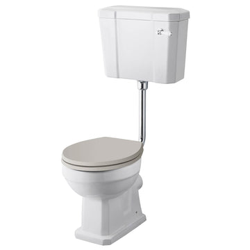 Traditional low level WC pan with cistern and flush pipe kit, open back design, by Hudson Reed Richmond for bathroom plumbing.