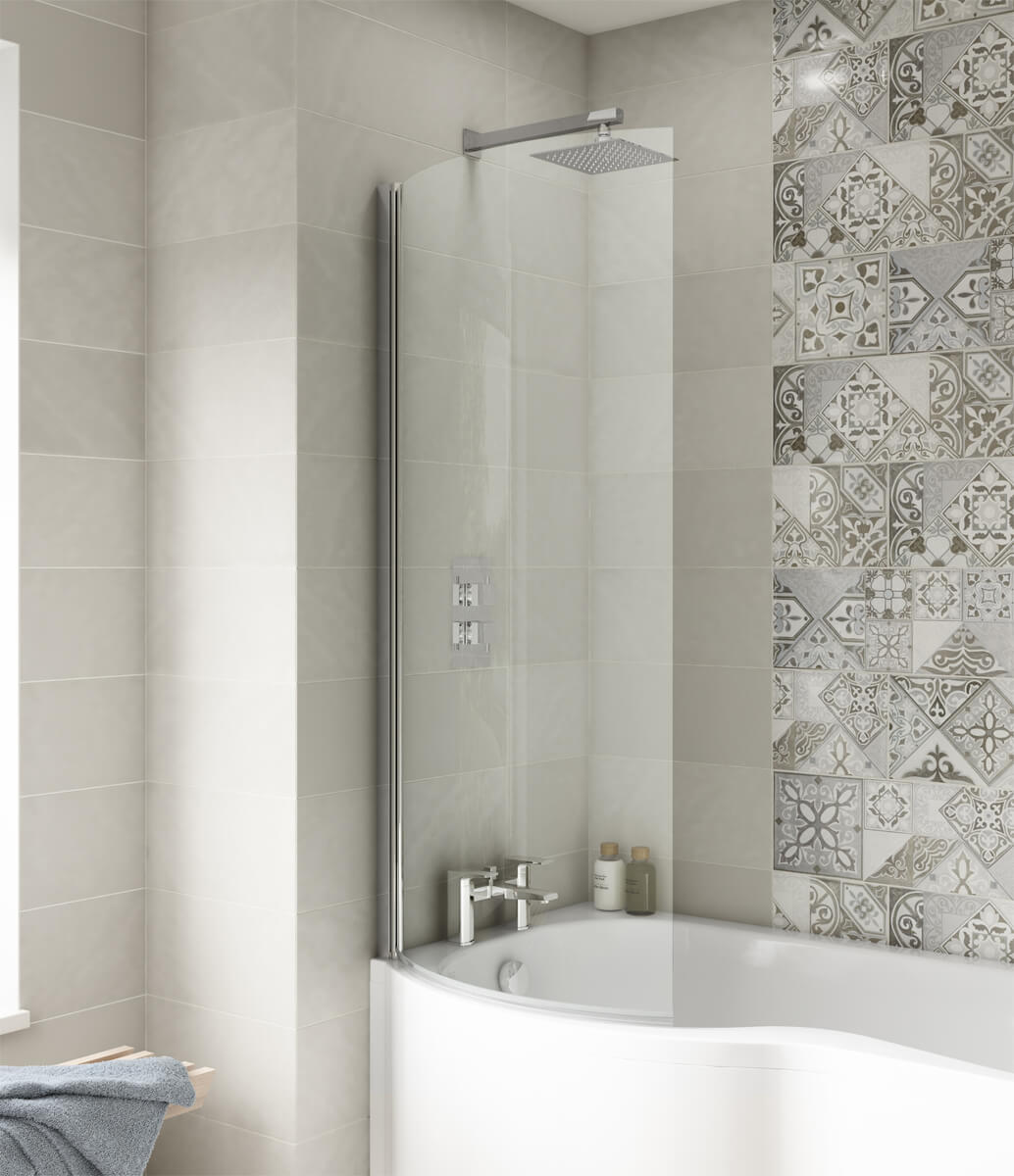 Nuie Pivot Frameless Curved Bath Screen - Chrome Aluminium Profile - 720 x 1435mm