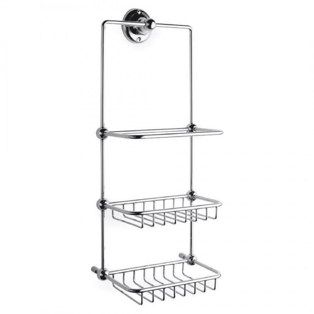 Traditional chrome shower tidy by Tuskan Tiles, with multiple hooks for holding shower accessories and toiletries.