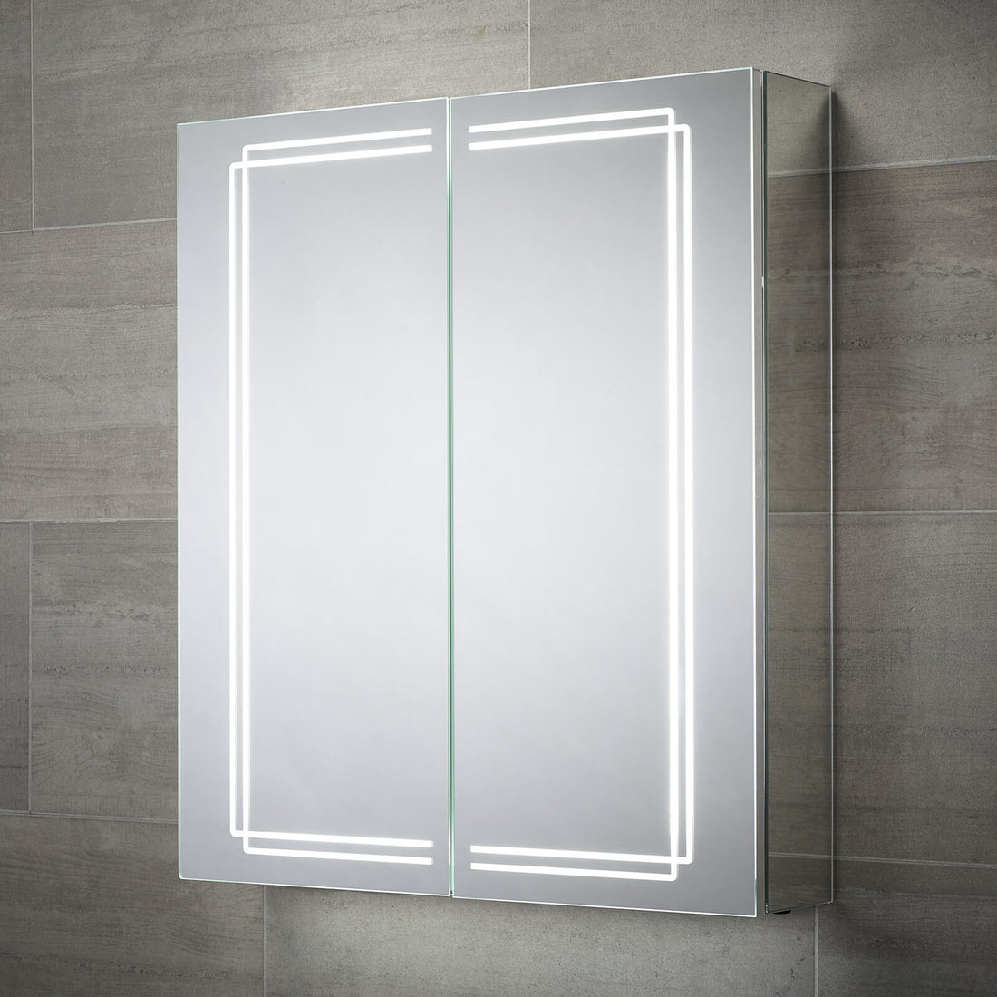 Sensio Harlow Aluminium Wall Hung Illuminated Mirror Cabinet with Socket - 2 Door - 600 x 700mm - Tuskan Tiles