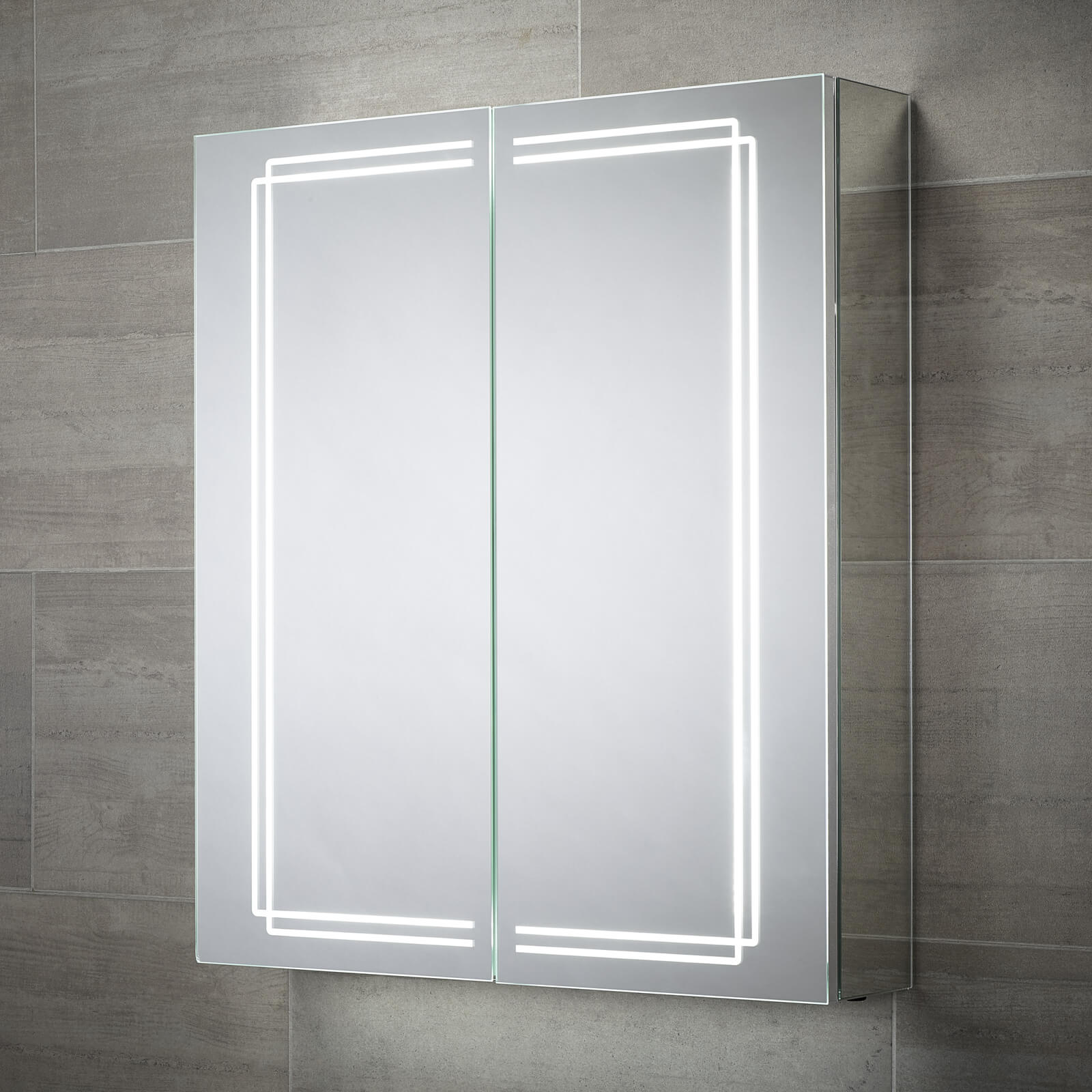 Sensio Harlow Aluminium Wall Hung Illuminated Mirror Cabinet with Socket - 2 Door - 600 x 700mm - Tuskan Tiles