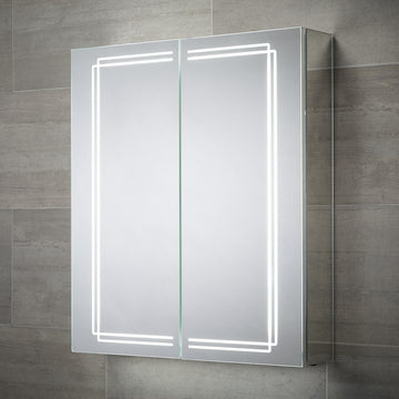 Sensio Harlow Aluminium Wall Hung Illuminated Mirror Cabinet with Socket - 2 Door - 600 x 700mm - Tuskan Tiles