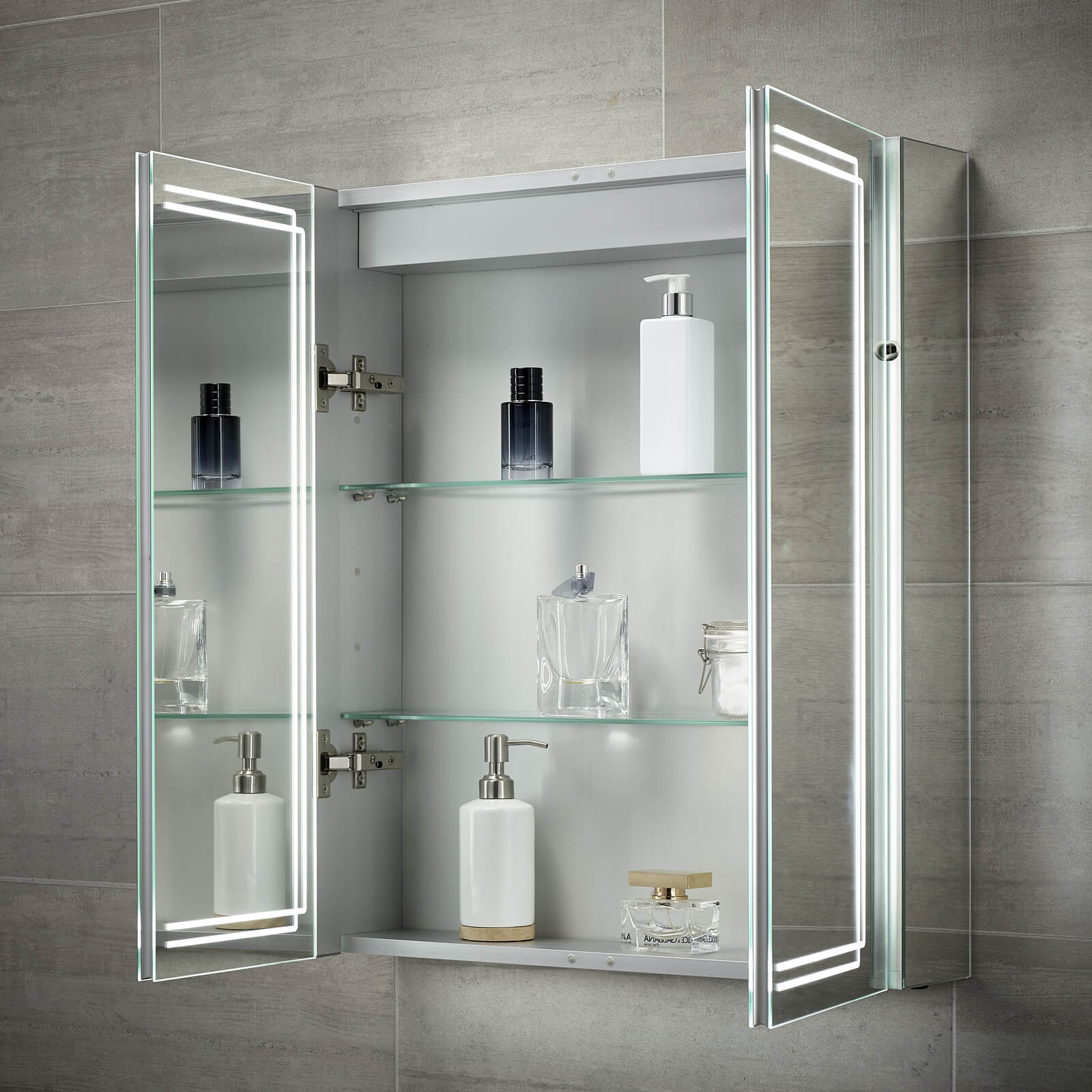 Sensio Harlow Aluminium Wall Hung Illuminated Mirror Cabinet with Socket - 2 Door - 600 x 700mm - Tuskan Tiles