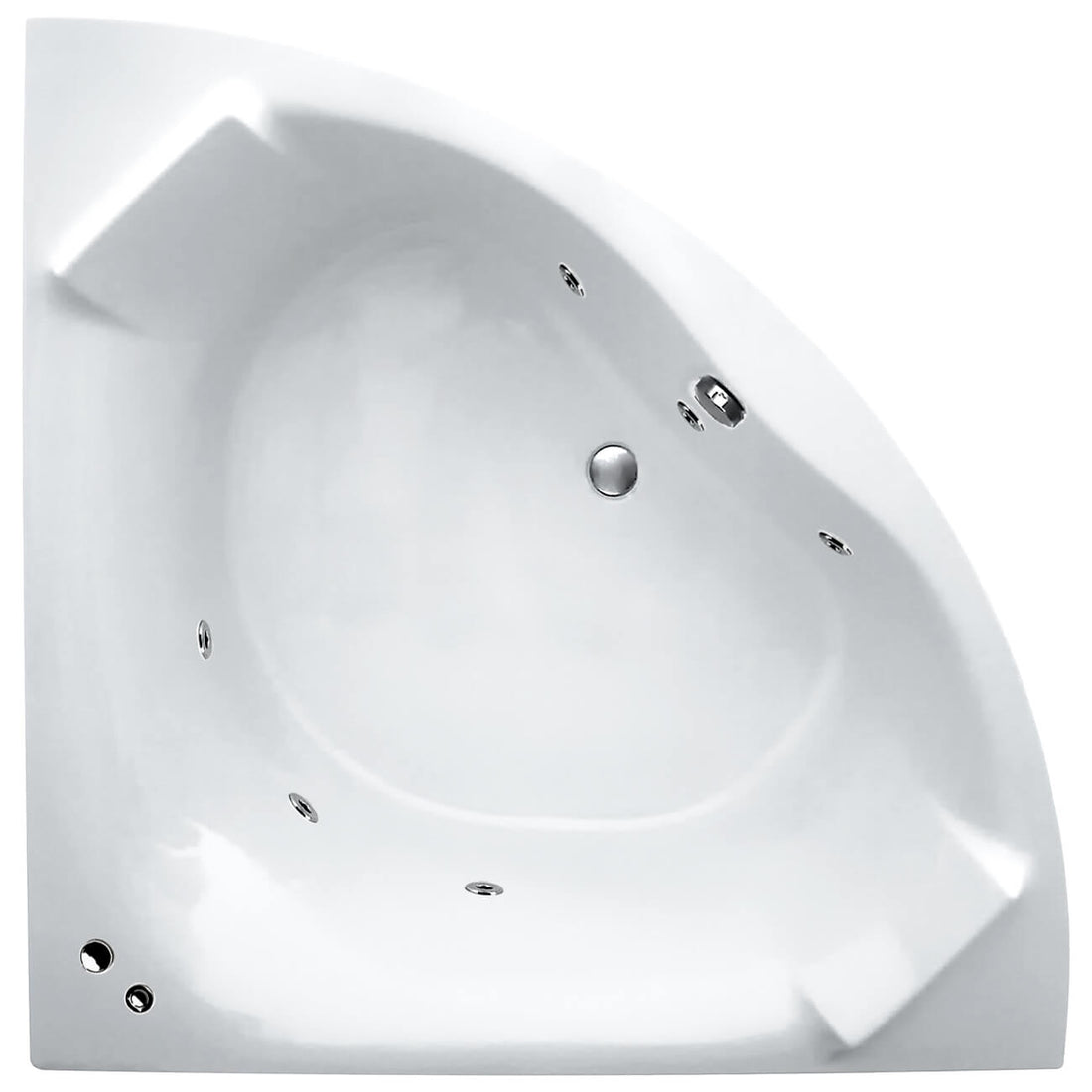 Aqua Luxe corner whirlpool bath with built-in headrest, 6 to 22 jets, in 1400x1400mm size, by Tuskan Tiles.