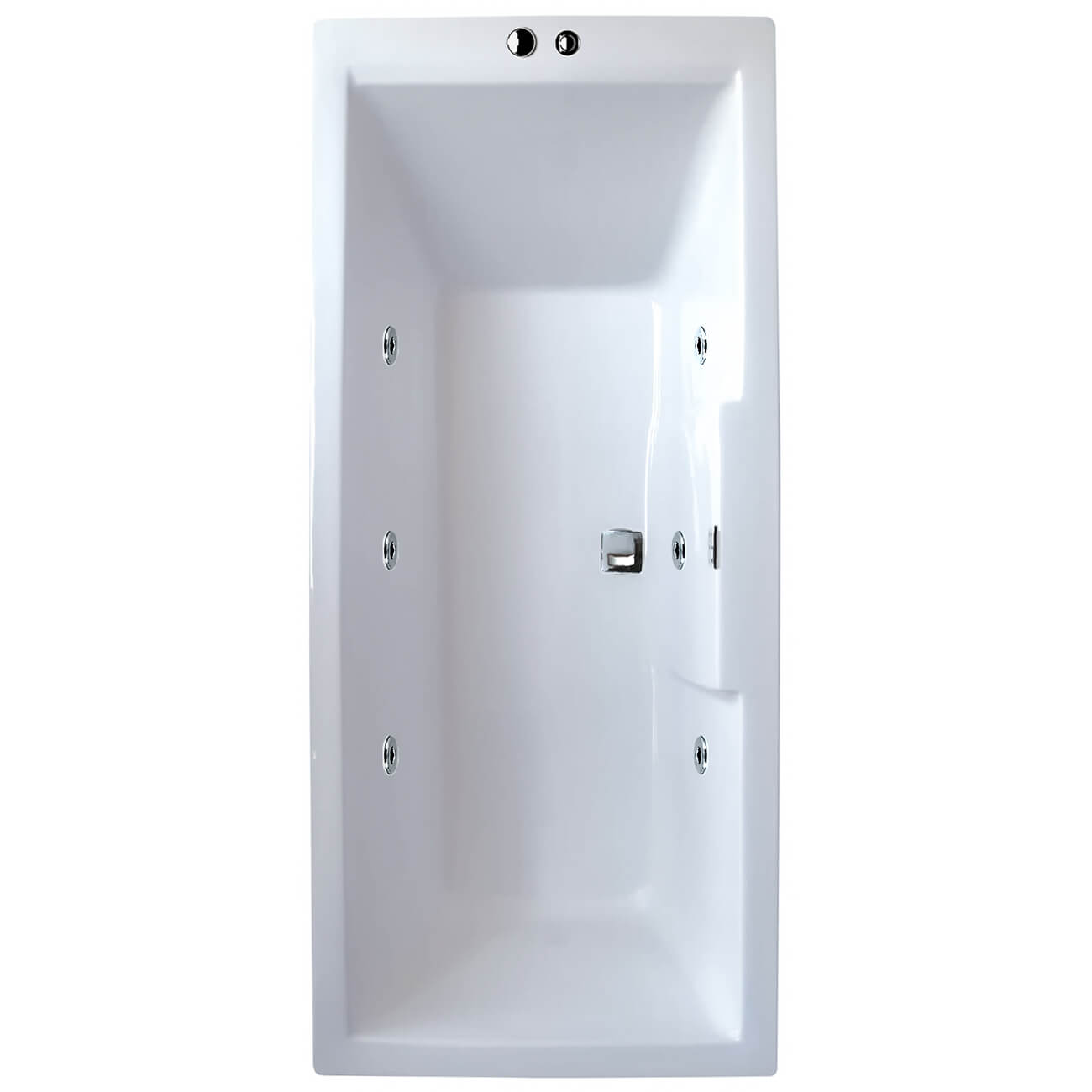 White rectangular bathtub with chrome fixtures on a white background