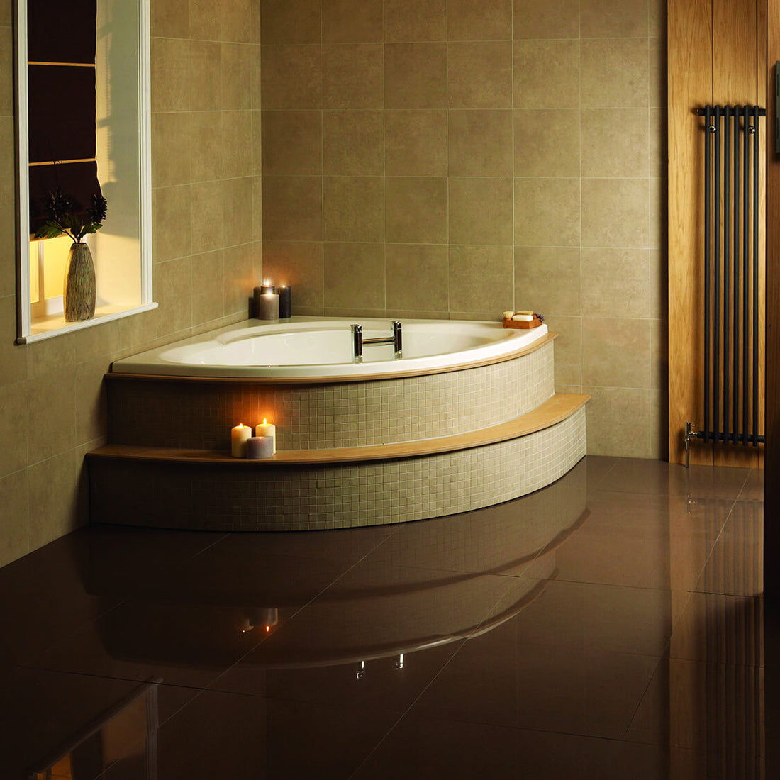 Tuskan Tiles Aqua Lagoon white double-ended corner whirlpool bath with 6 to 12 jets, 1200x1200mm, shown with smooth white finish