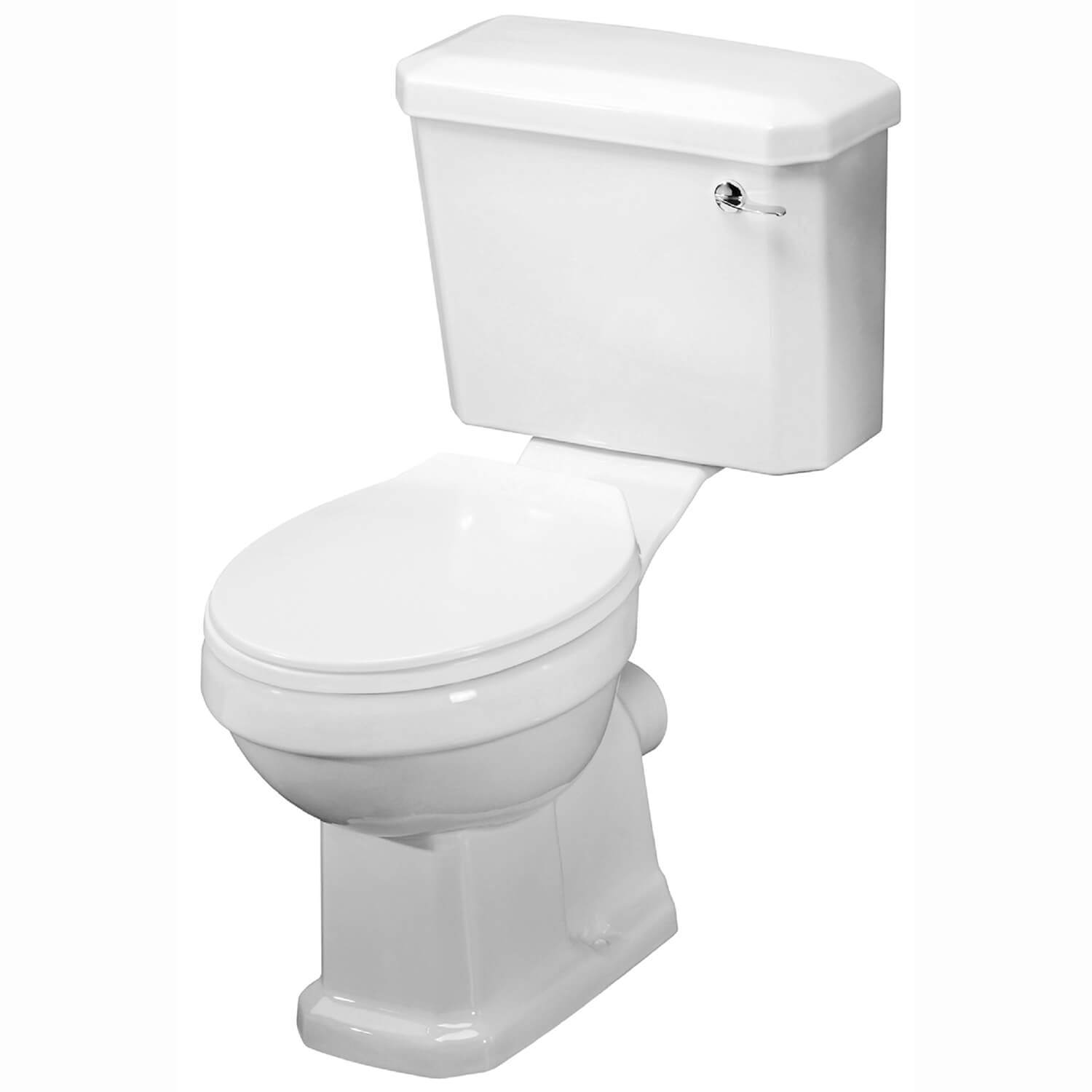 Nuie Carlton traditional close coupled toilet with cistern and soft close seat, 470x690mm, in white ceramic.