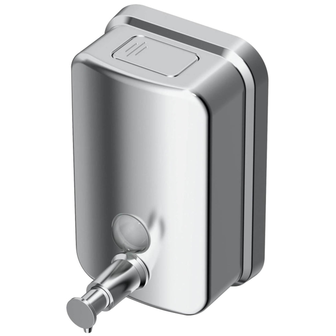 Stainless steel Ideal Standard IOM soap dispenser mounted on a bathroom wall with a sleek modern design