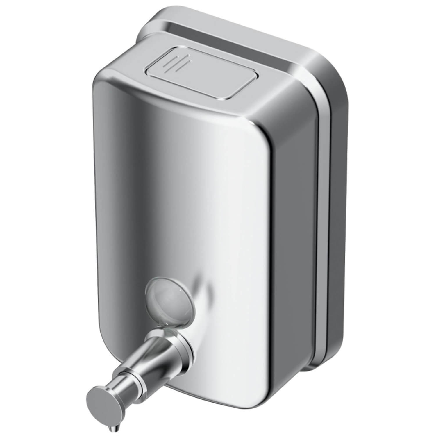 Stainless steel Ideal Standard IOM soap dispenser mounted on a bathroom wall with a sleek modern design