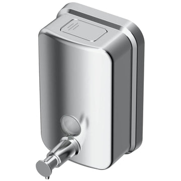 Stainless steel Ideal Standard IOM soap dispenser mounted on a bathroom wall with a sleek modern design