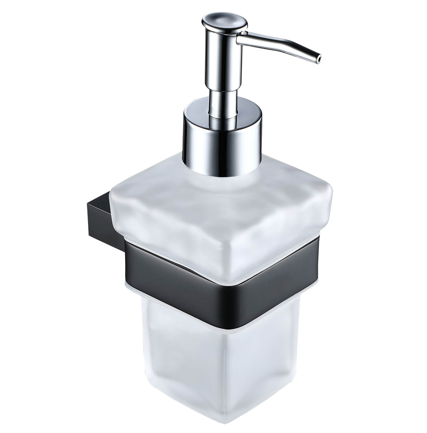 Tuskan Tiles RAK Moon wall-mounted traditional soap dispenser with holder, sleek design, mounted on bathroom wall.