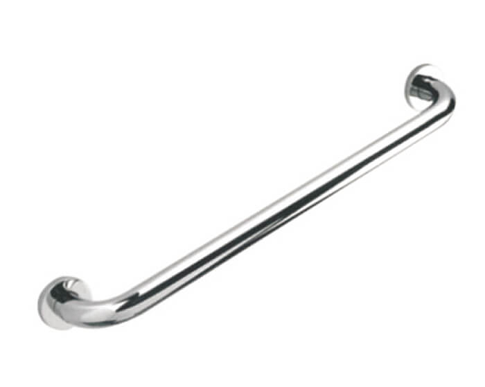 Chrome grab rail by Tuskan Tiles with straight L-shape design, mounted on a wall for safety and support in bathrooms or showers.
